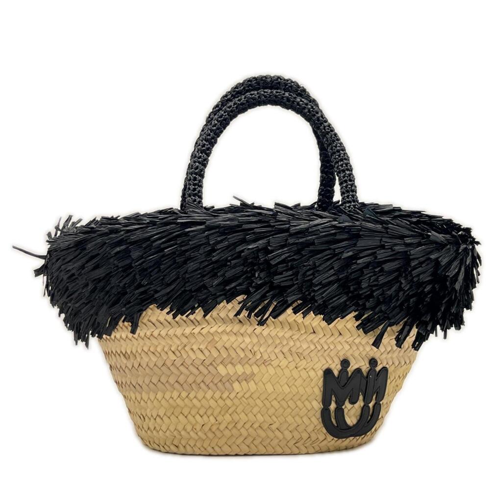 Miu Miu Miu Straw Logo Handbag 5BG209, Black Leather, Women's